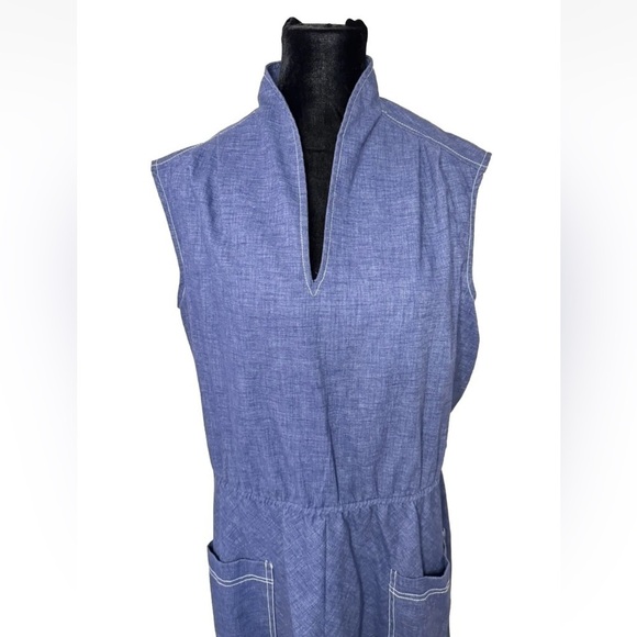 Vintage Dress 80s Walden Classics Secretary XL Blue Pockets Sleeveless Chambray - Picture 4 of 8